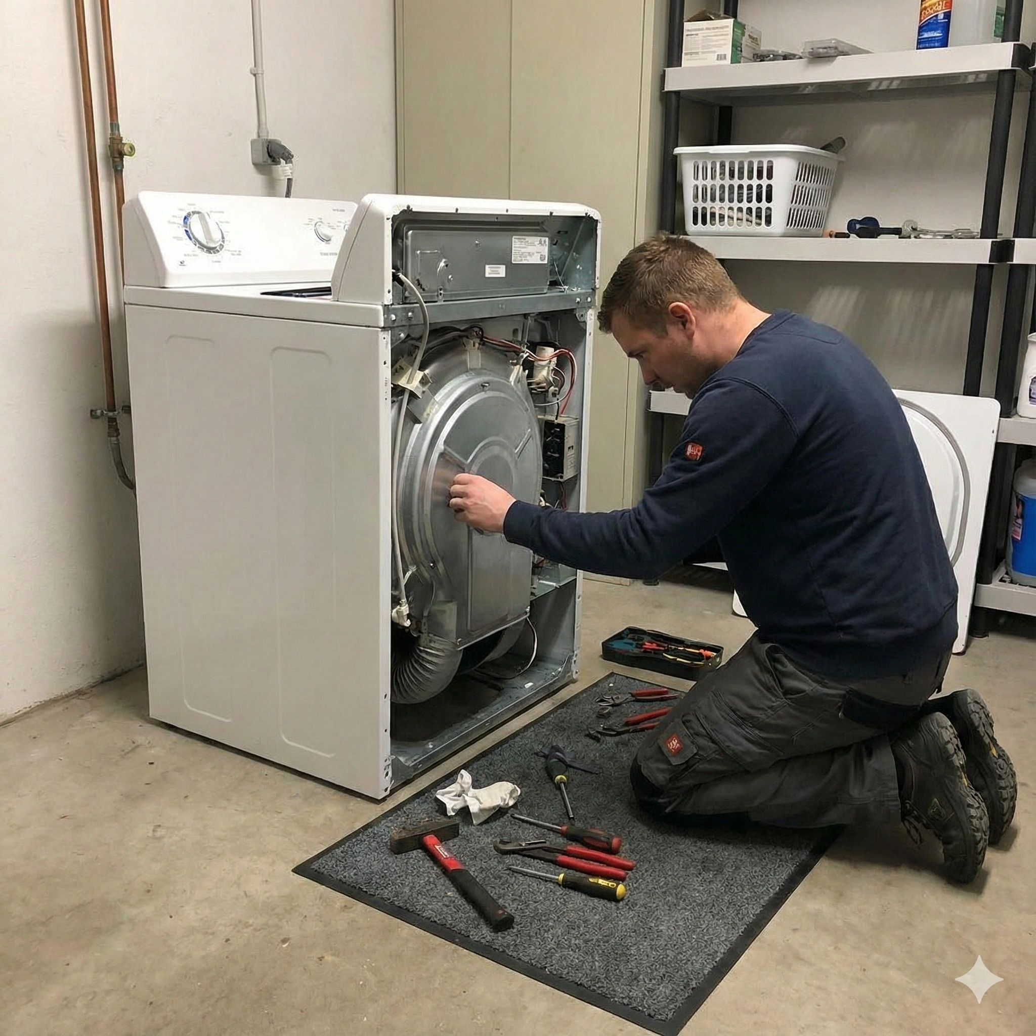 FIXNOW APPLIANCES technician repairing a dryer